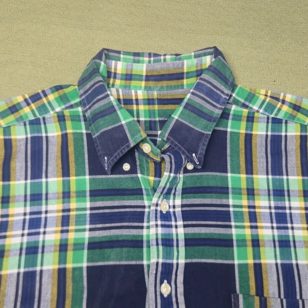 Polo Ralph Lauren Mens Short Sleeve Plaid Button Down Shirt Navy Green Yellow M